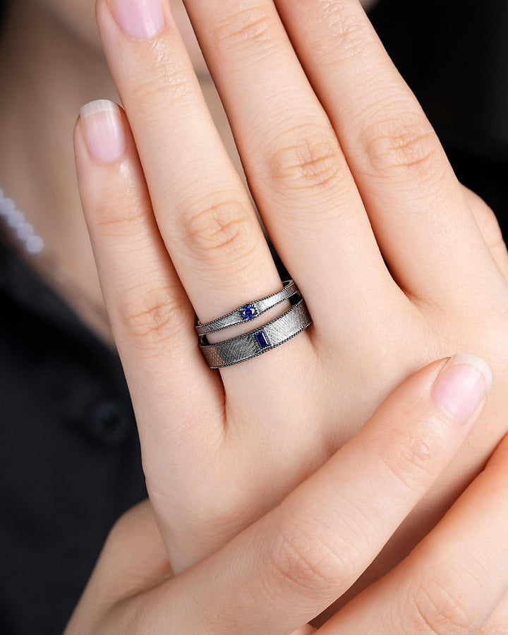 Gothic His and Hers Blue Sapphire Couple Engagement Ring Set, Brushed Satin Milgrain Black Gold Matching Band Black Rhodium Wedding Ring - ShainJewelry