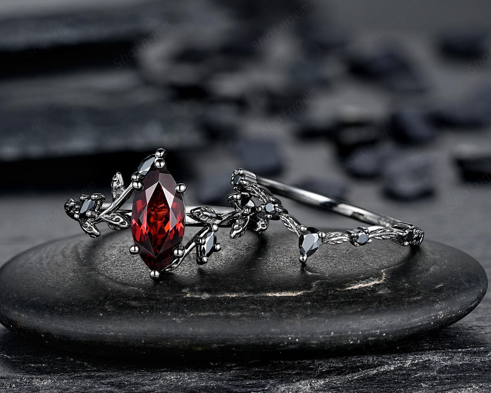 Vintage Marquise Cut Natural Garnet Black Engagement Ring, Gothic Twig Branch Vine Bridal Set, Black Rhodium Leaf Wedding Promise Ring Gift - ShainJewelry