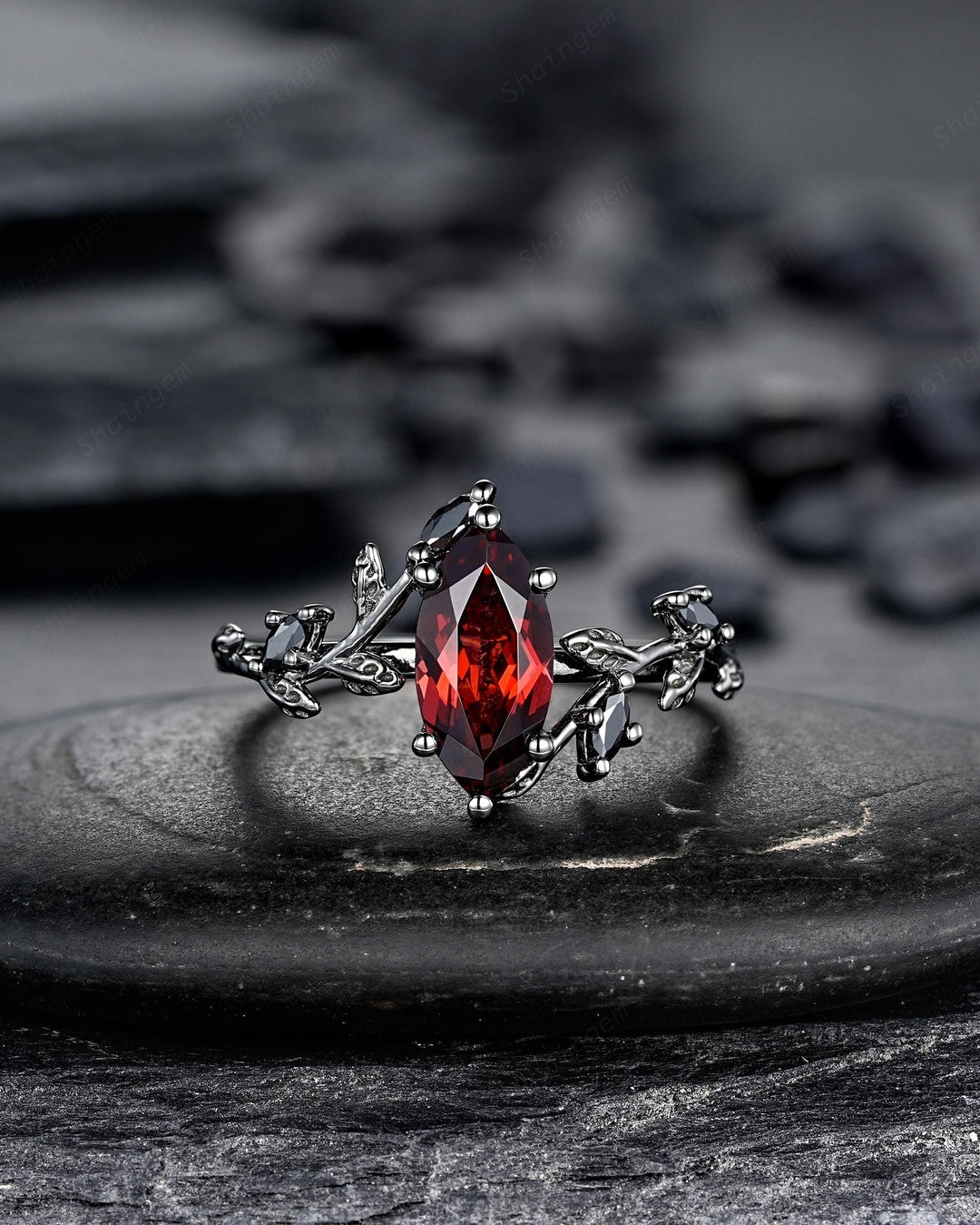 Vintage Marquise Cut Natural Garnet Black Engagement Ring, Gothic Twig Branch Vine Bridal Set, Black Rhodium Leaf Wedding Promise Ring Gift - ShainJewelry