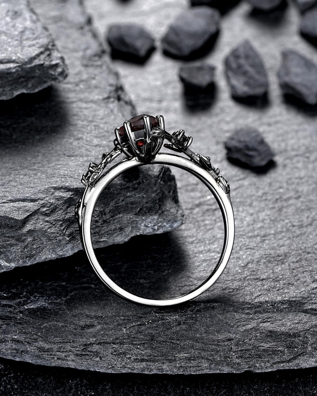 Vintage Marquise Cut Natural Garnet Black Engagement Ring, Gothic Twig Branch Vine Bridal Set, Black Rhodium Leaf Wedding Promise Ring Gift - ShainJewelry