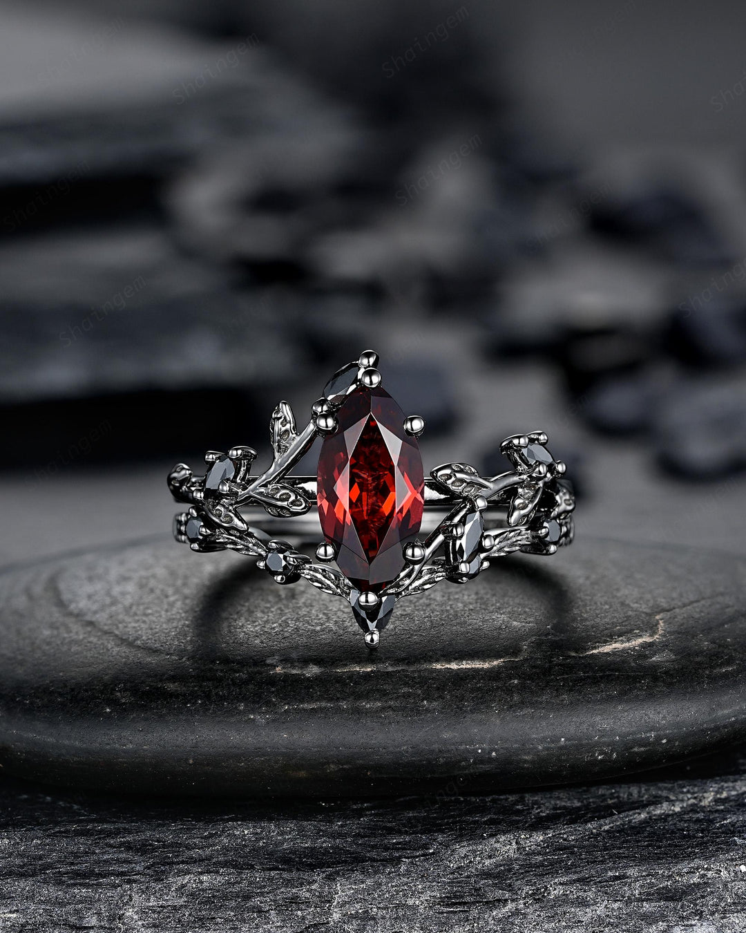 Vintage Marquise Cut Natural Garnet Black Engagement Ring, Gothic Twig Branch Vine Bridal Set, Black Rhodium Leaf Wedding Promise Ring Gift - ShainJewelry