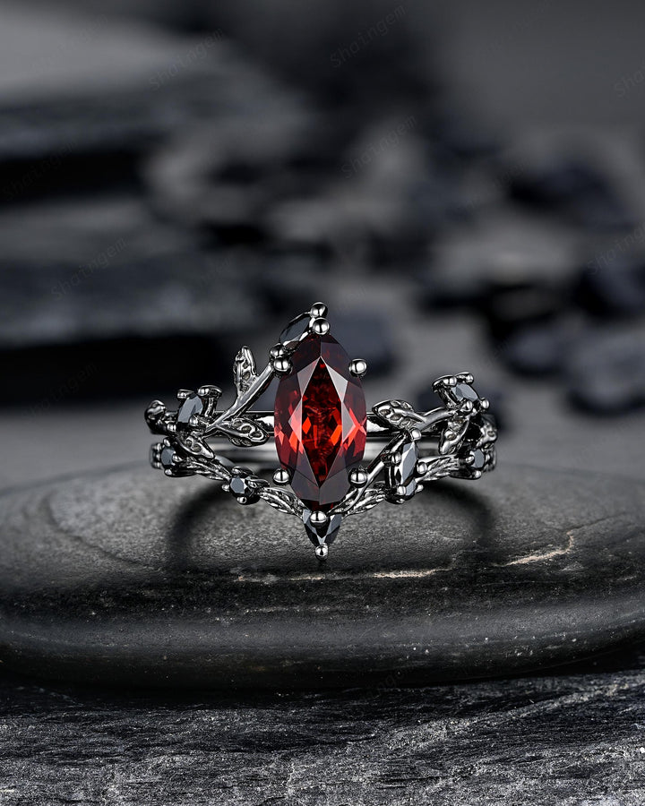 Vintage Marquise Cut Natural Garnet Black Engagement Ring, Gothic Twig Branch Vine Bridal Set, Black Rhodium Leaf Wedding Promise Ring Gift - ShainJewelry