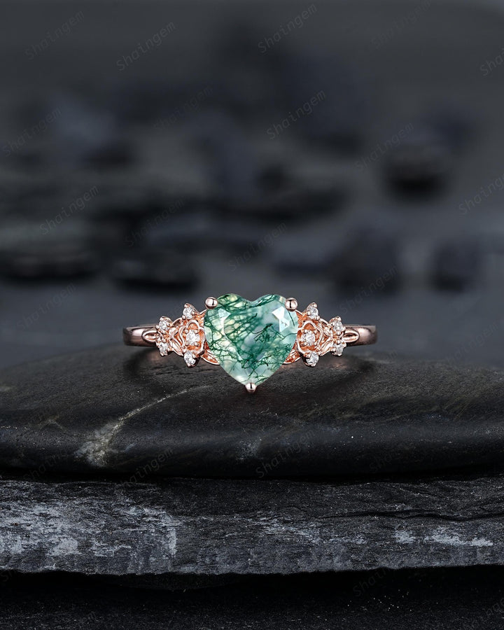 Heart Shape Moss Agate Floral Engagement Ring: Rose Gold Vine Leaf Wedding Set, Nature Inspired Flower Promise Ring, 24K Gold Plated Silver - ShainJewelry