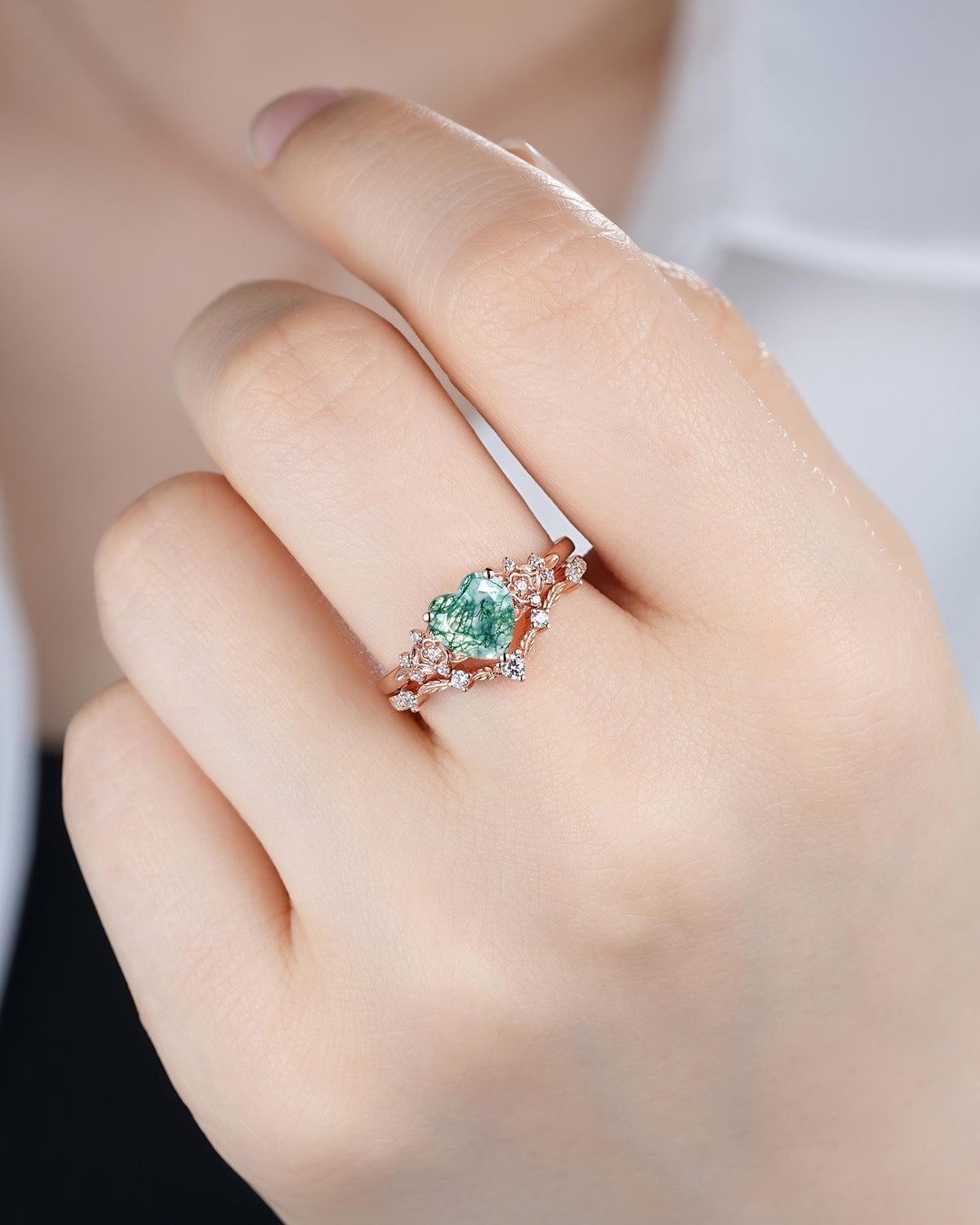 Heart Shape Moss Agate Floral Engagement Ring: Rose Gold Vine Leaf Wedding Set, Nature Inspired Flower Promise Ring, 24K Gold Plated Silver - ShainJewelry