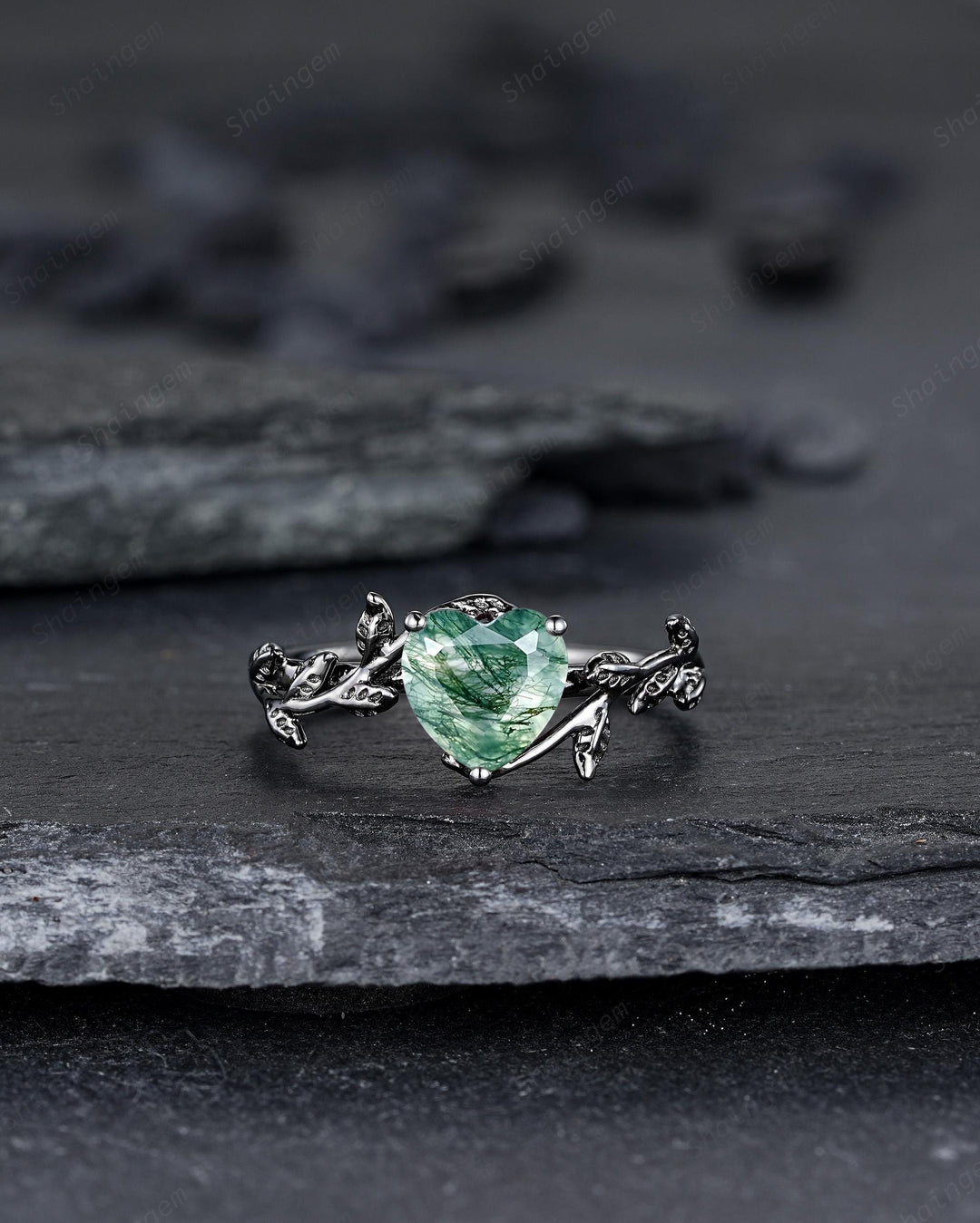 Gothic Heart Shape Moss Agate Engagement Ring: Dark Black Rhodium Twig Branch Promise Ring, Punk Vine Wedding Ring, Solitaire One Stone - ShainJewelry