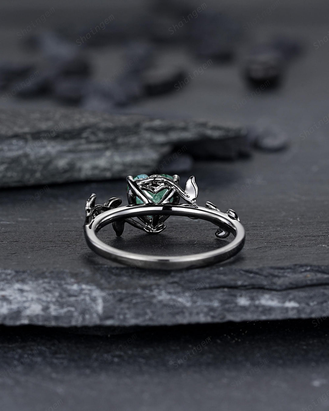 Gothic Heart Shape Moss Agate Engagement Ring: Dark Black Rhodium Twig Branch Promise Ring, Punk Vine Wedding Ring, Solitaire One Stone - ShainJewelry