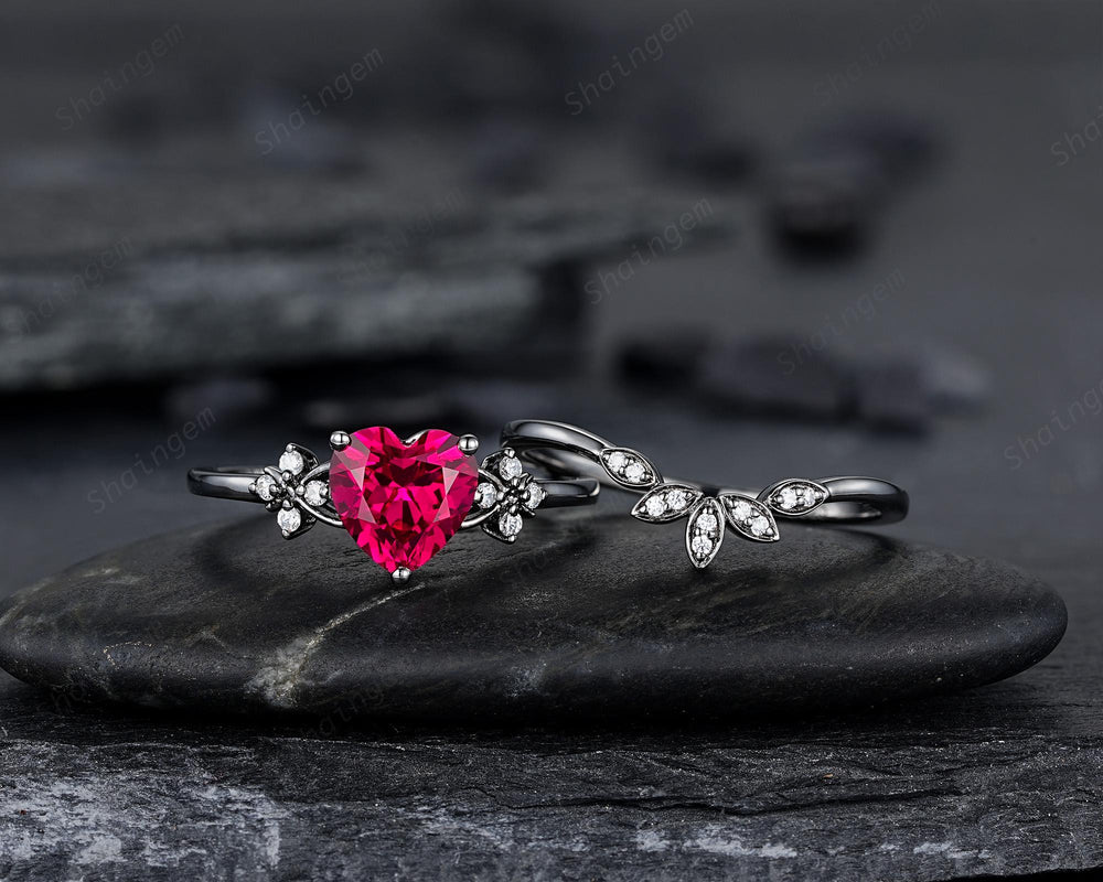 Gothic Heart Shape Ruby Engagement Ring Set: Dark Black Rhodium Promise Ring, Punk Leaf Wedding Ring, Black Gold Rings, July Birthstone - ShainJewelry