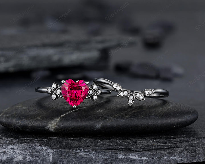 Gothic Heart Shape Ruby Engagement Ring Set: Dark Black Rhodium Promise Ring, Punk Leaf Wedding Ring, Black Gold Rings, July Birthstone - ShainJewelry