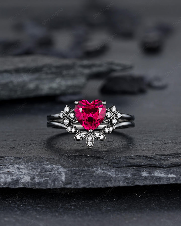 Gothic Heart Shape Ruby Engagement Ring Set: Dark Black Rhodium Promise Ring, Punk Leaf Wedding Ring, Black Gold Rings, July Birthstone - ShainJewelry