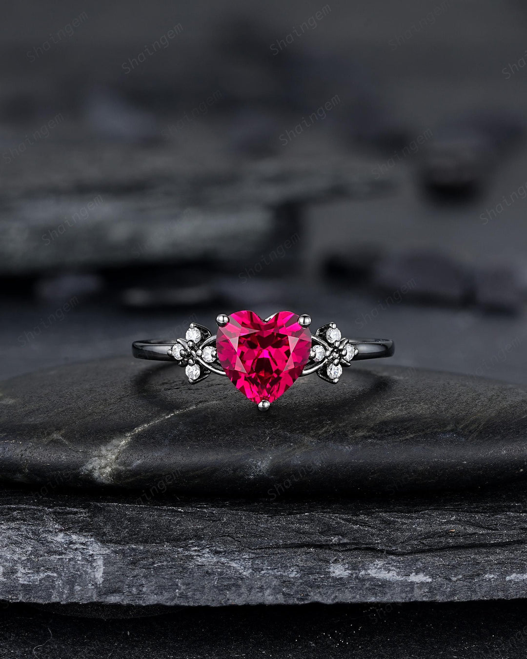 Gothic Heart Shape Ruby Engagement Ring Set: Dark Black Rhodium Promise Ring, Punk Leaf Wedding Ring, Black Gold Rings, July Birthstone - ShainJewelry