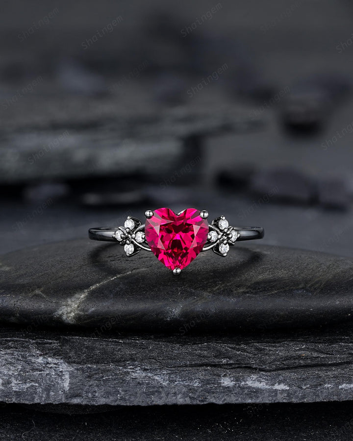 Gothic Heart Shape Ruby Engagement Ring Set: Dark Black Rhodium Promise Ring, Punk Leaf Wedding Ring, Black Gold Rings, July Birthstone - ShainJewelry