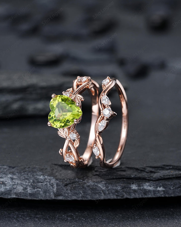 Heart Shape Natural Peridot Diamond Engagement Ring Set: Unique Rose Gold Twig Branch Love Promise Ring Anniversary Gift, August Birthstone - ShainJewelry