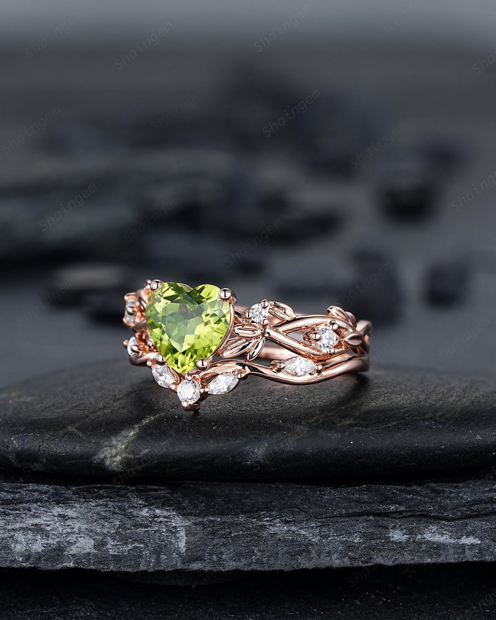 Heart Shape Natural Peridot Diamond Engagement Ring Set: Unique Rose Gold Twig Branch Love Promise Ring Anniversary Gift, August Birthstone - ShainJewelry