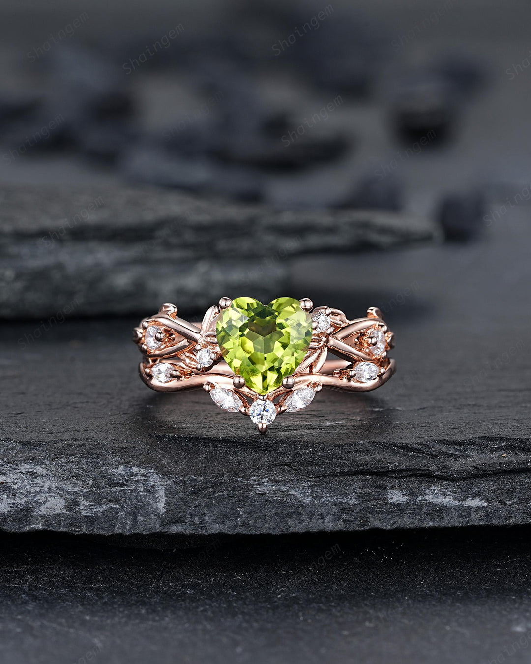 Heart Shape Natural Peridot Diamond Engagement Ring Set: Unique Rose Gold Twig Branch Love Promise Ring Anniversary Gift, August Birthstone - ShainJewelry