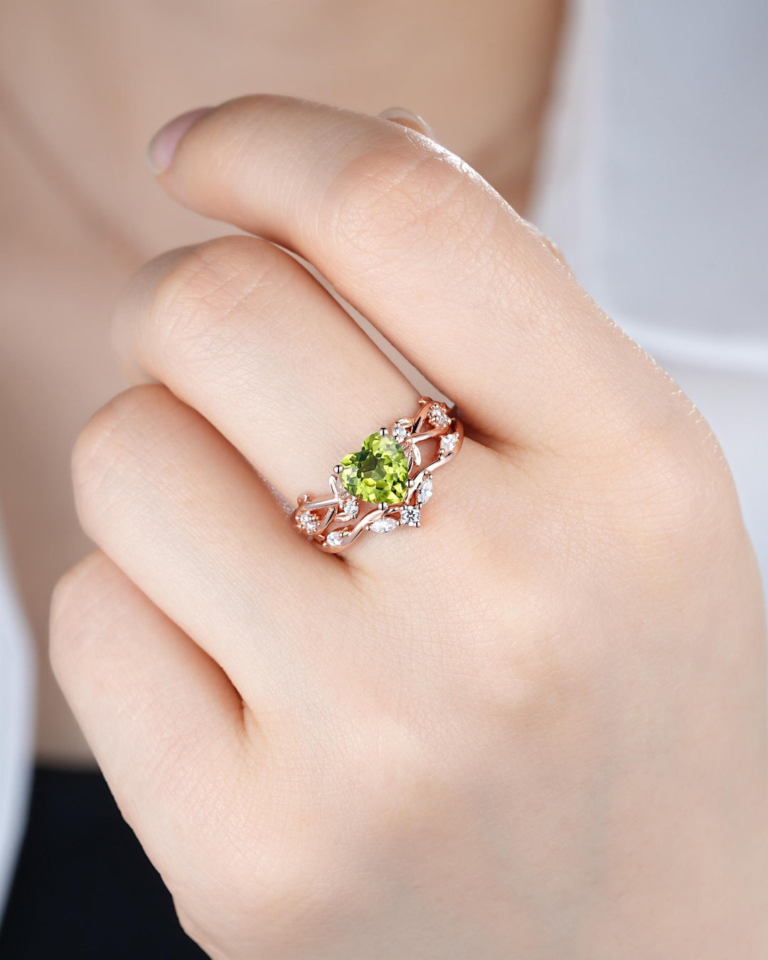 Heart Shape Natural Peridot Diamond Engagement Ring Set: Unique Rose Gold Twig Branch Love Promise Ring Anniversary Gift, August Birthstone - ShainJewelry