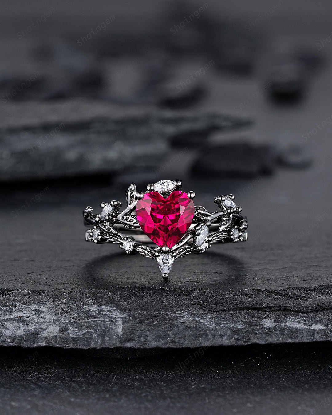 Gothic Heart Shape Ruby Engagement Ring Set: Dark Black Rhodium Promise Ring, Twig Leaf Wedding Ring, Black Gold Rings, July Birthstone - ShainJewelry