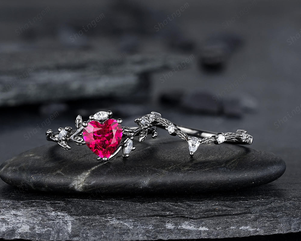 Gothic Heart Shape Ruby Engagement Ring Set: Dark Black Rhodium Promise Ring, Twig Leaf Wedding Ring, Black Gold Rings, July Birthstone - ShainJewelry