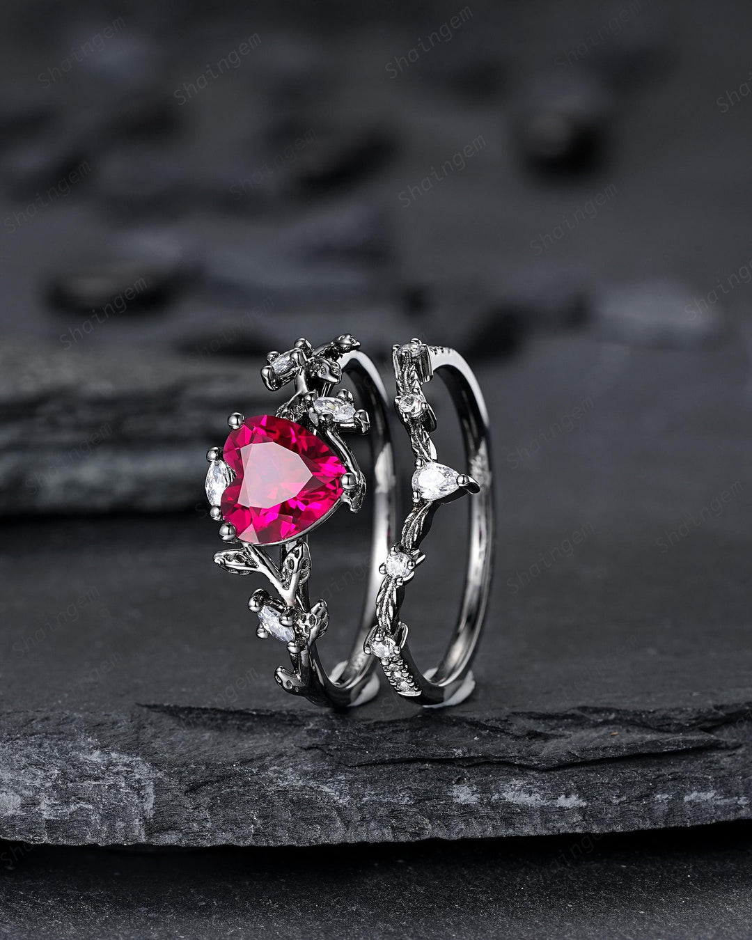 Gothic Heart Shape Ruby Engagement Ring Set: Dark Black Rhodium Promise Ring, Twig Leaf Wedding Ring, Black Gold Rings, July Birthstone - ShainJewelry