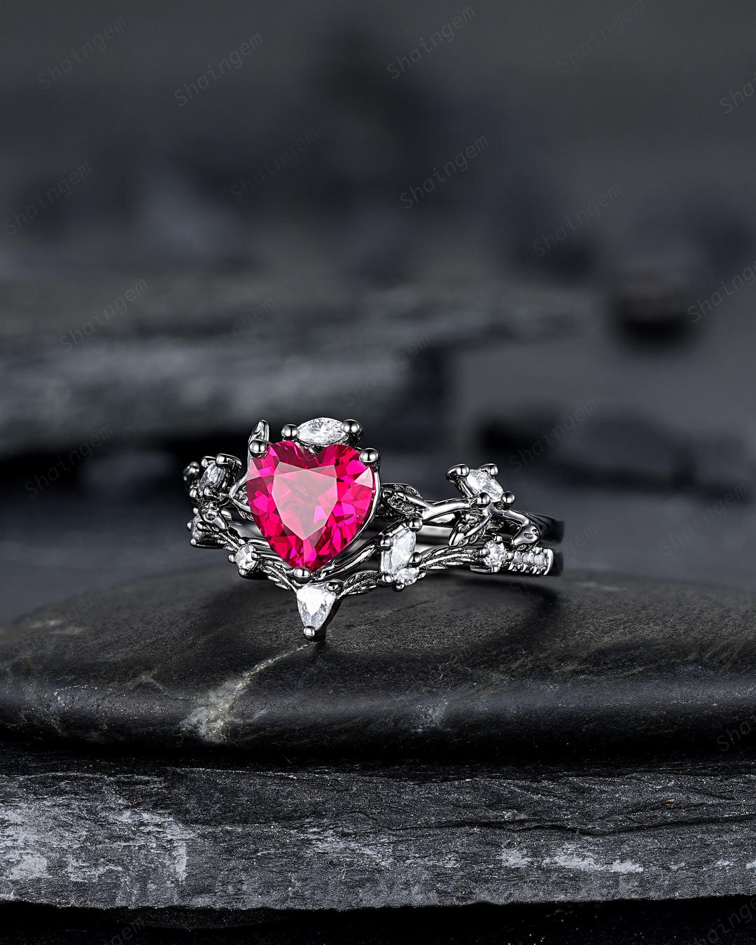 Gothic Heart Shape Ruby Engagement Ring Set: Dark Black Rhodium Promise Ring, Twig Leaf Wedding Ring, Black Gold Rings, July Birthstone - ShainJewelry
