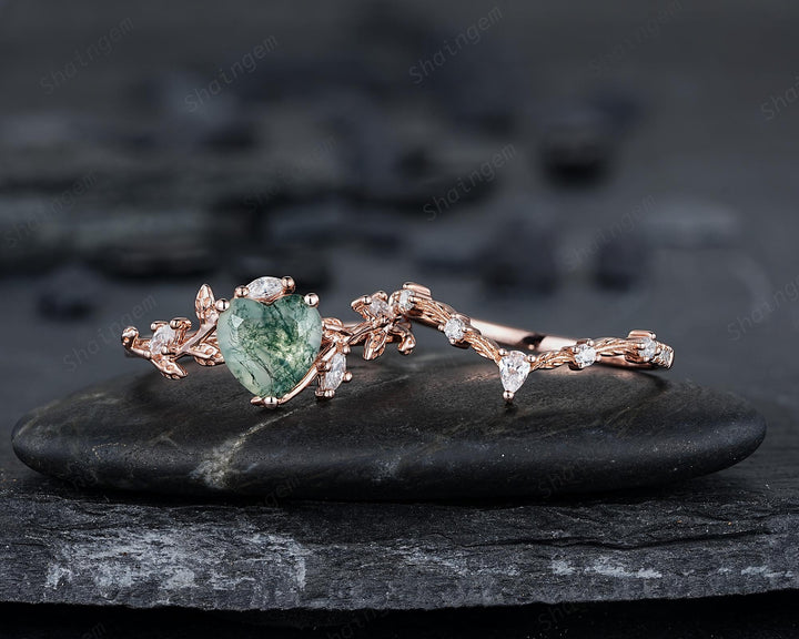 Heart Shape Moss Agate Engagement Ring: Rose Gold Twig Branch Vine Leaf Wedding Set, Nature Inspired Promise Ring, 24K Gold Plated, Platinum - ShainJewelry