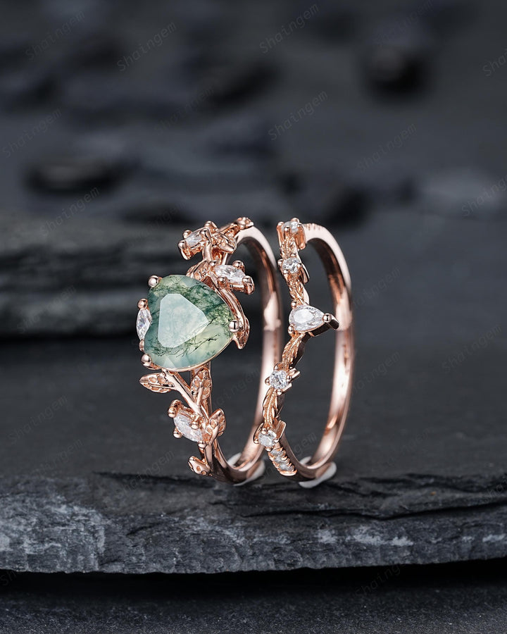 Heart Shape Moss Agate Engagement Ring: Rose Gold Twig Branch Vine Leaf Wedding Set, Nature Inspired Promise Ring, 24K Gold Plated, Platinum - ShainJewelry