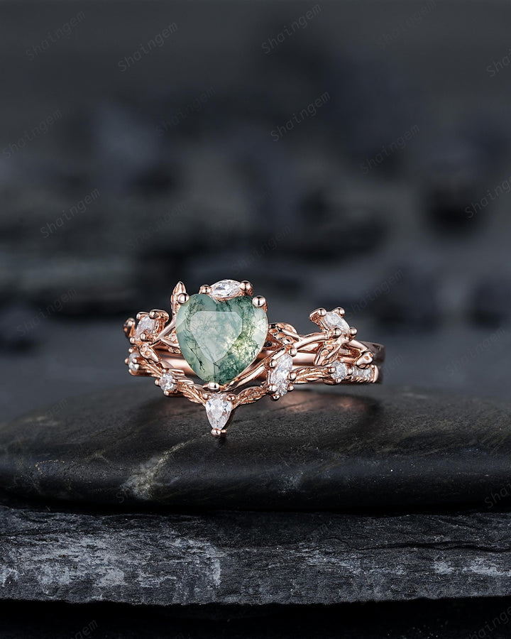 Heart Shape Moss Agate Engagement Ring: Rose Gold Twig Branch Vine Leaf Wedding Set, Nature Inspired Promise Ring, 24K Gold Plated, Platinum - ShainJewelry