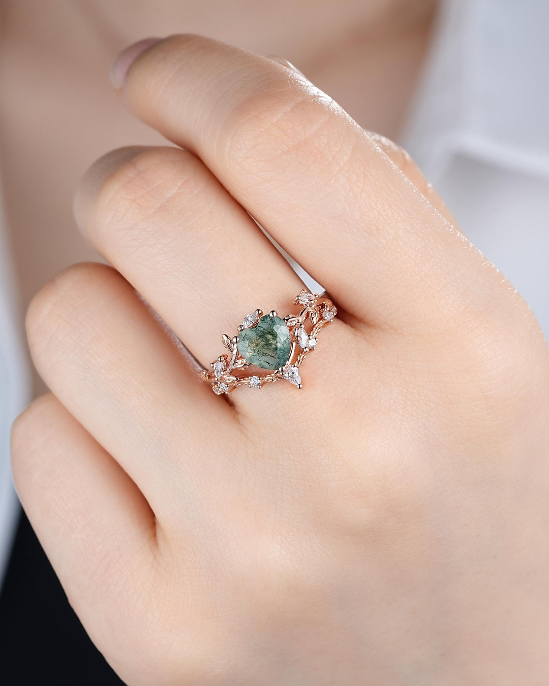 Heart Shape Moss Agate Engagement Ring: Rose Gold Twig Branch Vine Leaf Wedding Set, Nature Inspired Promise Ring, 24K Gold Plated, Platinum - ShainJewelry