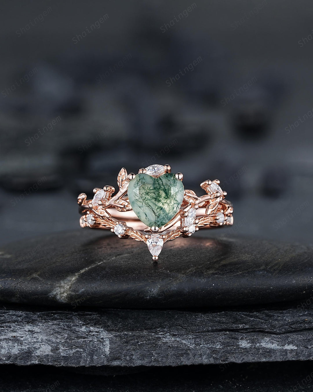 Heart Shape Moss Agate Engagement Ring: Rose Gold Twig Branch Vine Leaf Wedding Set, Nature Inspired Promise Ring, 24K Gold Plated, Platinum - ShainJewelry
