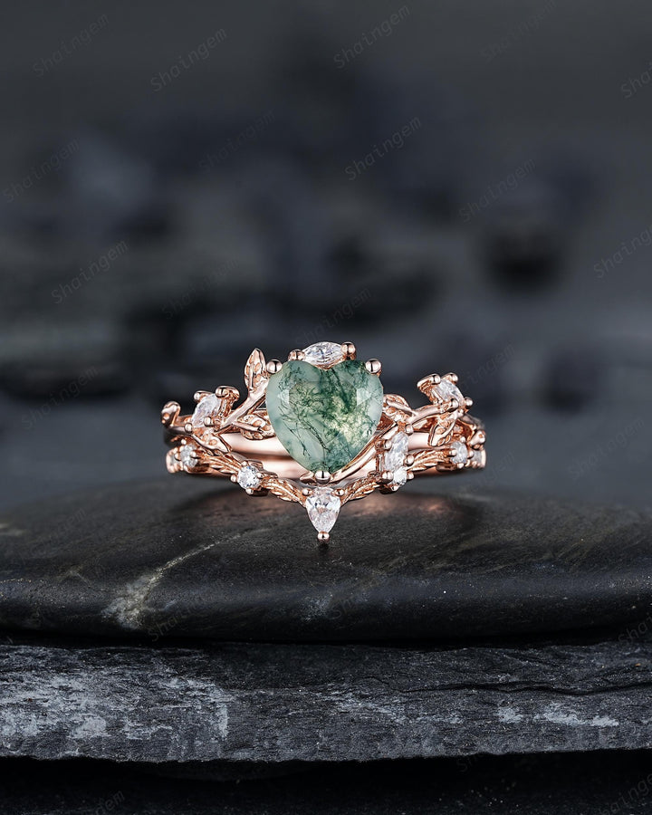 Heart Shape Moss Agate Engagement Ring: Rose Gold Twig Branch Vine Leaf Wedding Set, Nature Inspired Promise Ring, 24K Gold Plated, Platinum - ShainJewelry