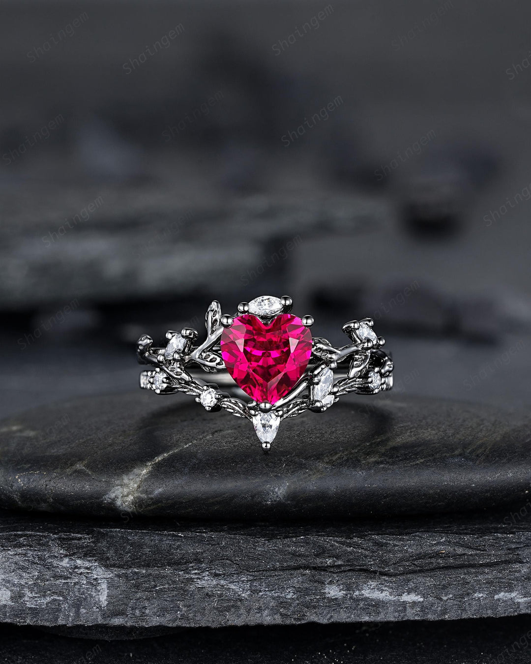 Gothic Heart Shape Ruby Engagement Ring Set: Dark Black Rhodium Promise Ring, Twig Leaf Wedding Ring, Black Gold Rings, July Birthstone - ShainJewelry