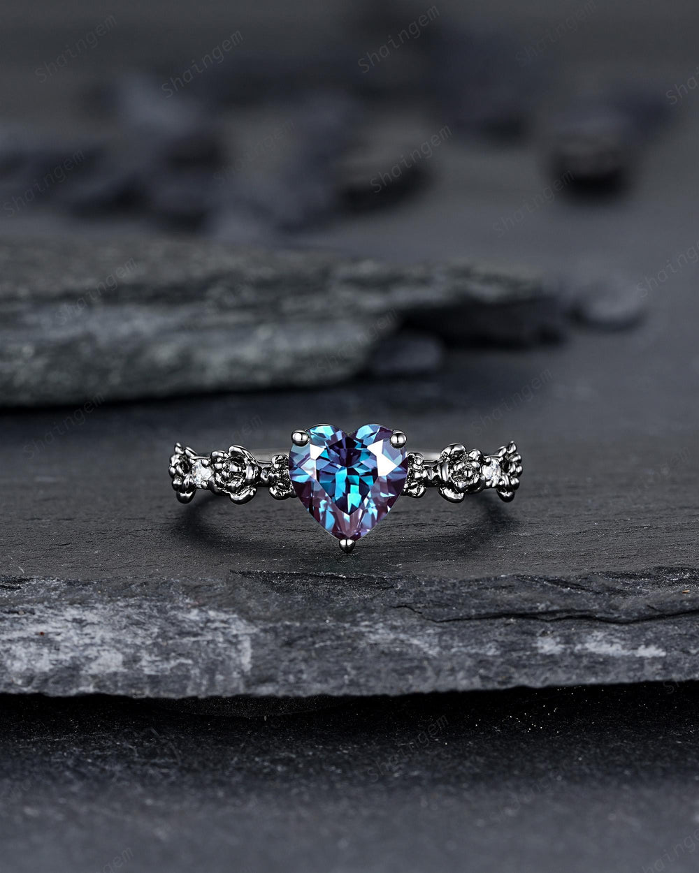 Gothic Black Gold Heart Shape Alexandrite Engagement Ring, Rhodium Black Love Promise Ring, Witchy Rose Flower Promise Anniversary Ring Gift - ShainJewelry