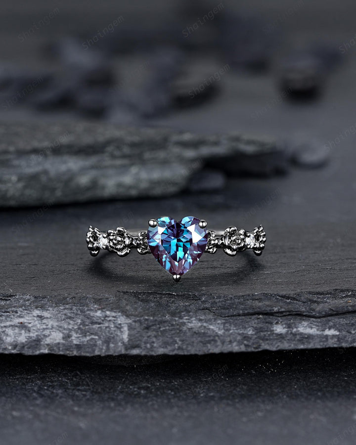 Gothic Black Gold Heart Shape Alexandrite Engagement Ring, Rhodium Black Love Promise Ring, Witchy Rose Flower Promise Anniversary Ring Gift - ShainJewelry