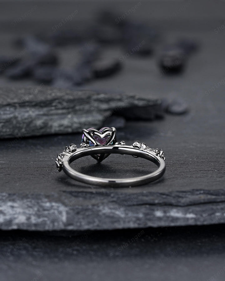 Gothic Black Gold Heart Shape Alexandrite Engagement Ring, Rhodium Black Love Promise Ring, Witchy Rose Flower Promise Anniversary Ring Gift - ShainJewelry