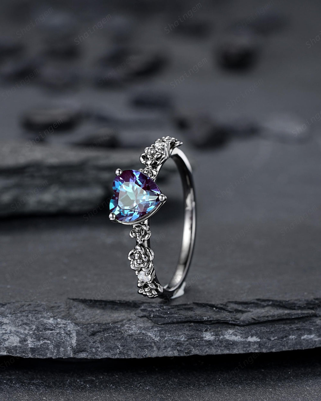 Gothic Black Gold Heart Shape Alexandrite Engagement Ring, Rhodium Black Love Promise Ring, Witchy Rose Flower Promise Anniversary Ring Gift - ShainJewelry