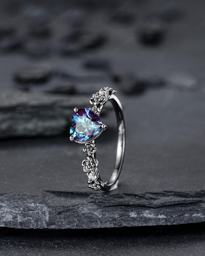 Gothic Black Gold Heart Shape Alexandrite Engagement Ring, Rhodium Black Love Promise Ring, Witchy Rose Flower Promise Anniversary Ring Gift - ShainJewelry