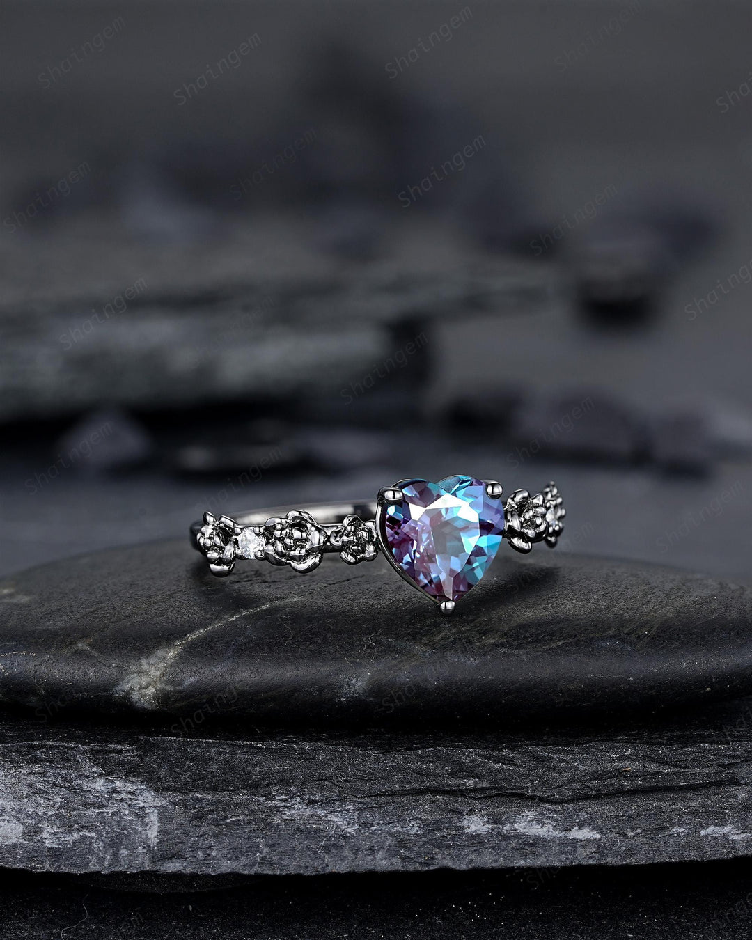 Gothic Black Gold Heart Shape Alexandrite Engagement Ring, Rhodium Black Love Promise Ring, Witchy Rose Flower Promise Anniversary Ring Gift - ShainJewelry
