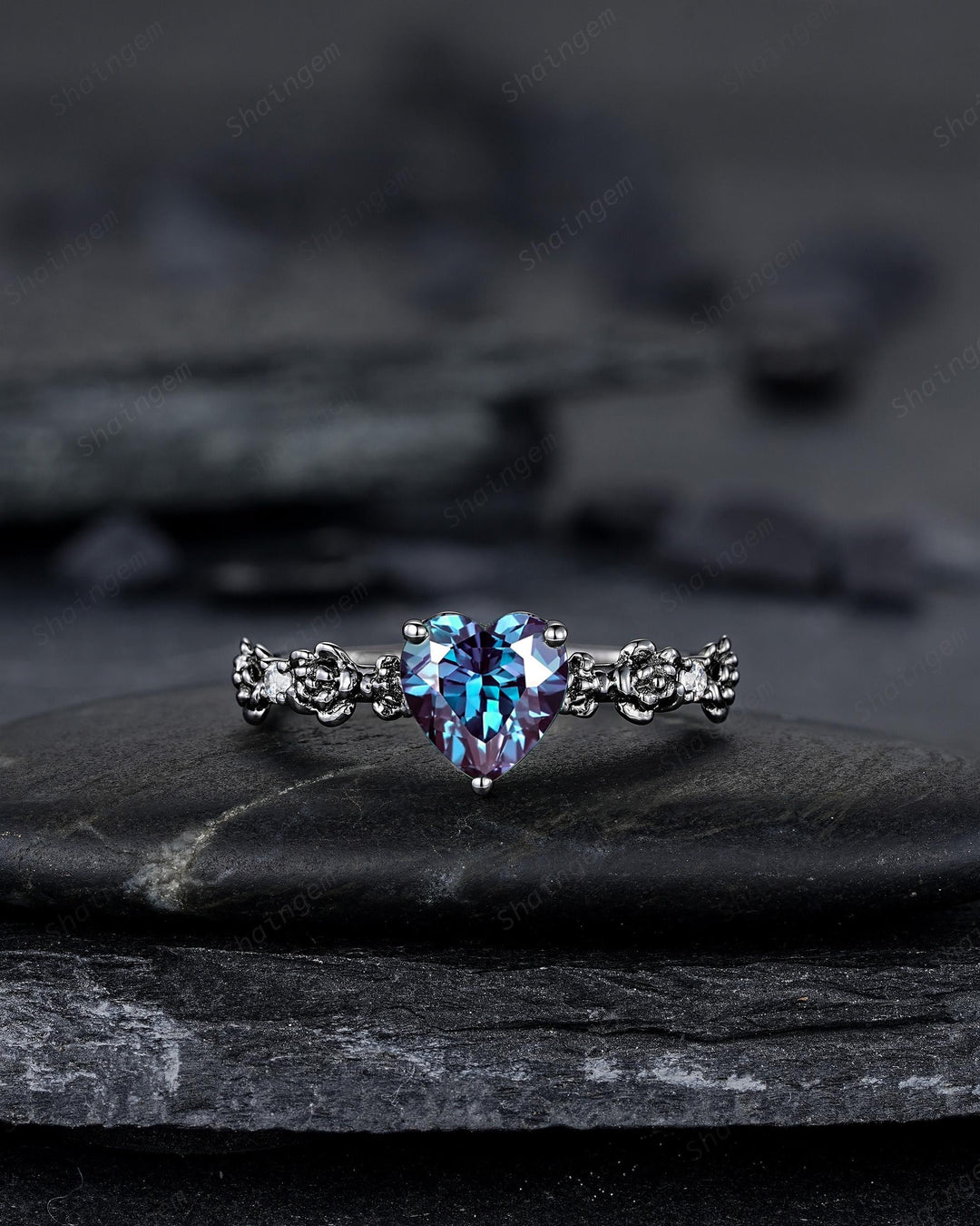 Gothic Black Gold Heart Shape Alexandrite Engagement Ring, Rhodium Black Love Promise Ring, Witchy Rose Flower Promise Anniversary Ring Gift - ShainJewelry
