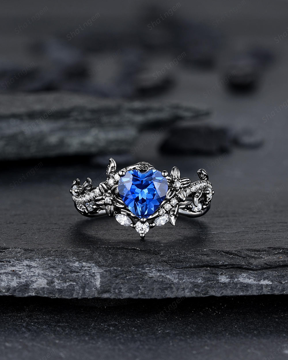 Gothic Heart Shape Lab Grown Sapphire Engagement Ring Set: Dark Black Rhodium Promise Ring, Twig Leaf Wedding Ring, Black Gold Floral Rings - ShainJewelry