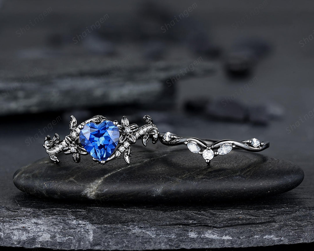 Gothic Heart Shape Lab Grown Sapphire Engagement Ring Set: Dark Black Rhodium Promise Ring, Twig Leaf Wedding Ring, Black Gold Floral Rings - ShainJewelry