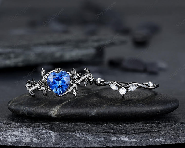 Gothic Heart Shape Lab Grown Sapphire Engagement Ring Set: Dark Black Rhodium Promise Ring, Twig Leaf Wedding Ring, Black Gold Floral Rings - ShainJewelry