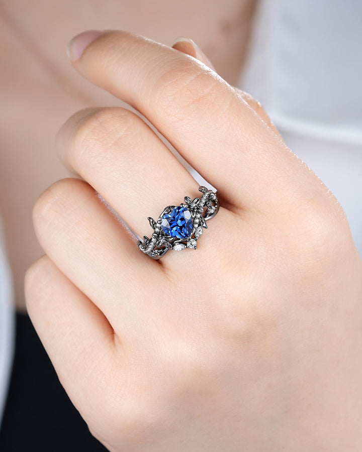 Gothic Heart Shape Lab Grown Sapphire Engagement Ring Set: Dark Black Rhodium Promise Ring, Twig Leaf Wedding Ring, Black Gold Floral Rings - ShainJewelry