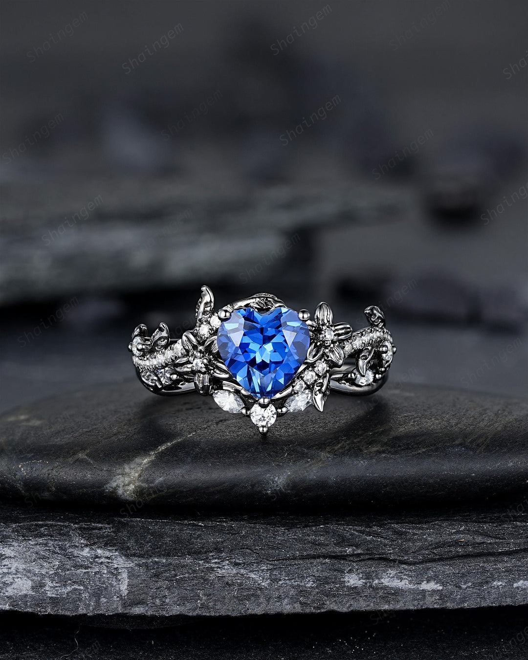 Gothic Heart Shape Lab Grown Sapphire Engagement Ring Set: Dark Black Rhodium Promise Ring, Twig Leaf Wedding Ring, Black Gold Floral Rings - ShainJewelry