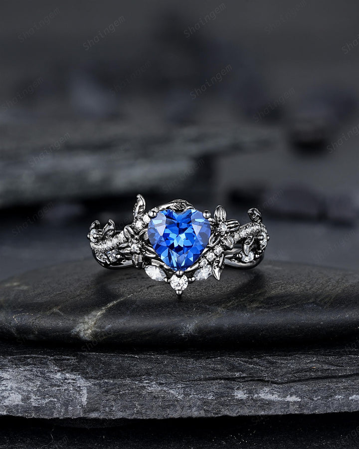 Gothic Heart Shape Lab Grown Sapphire Engagement Ring Set: Dark Black Rhodium Promise Ring, Twig Leaf Wedding Ring, Black Gold Floral Rings - ShainJewelry