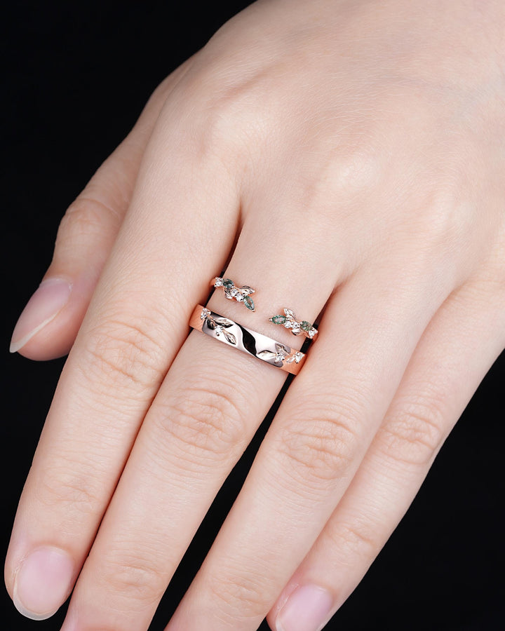 Nature Inspired Engraved Leaf His and Hers Couple Ring Set: Open Gap Rose Gold Moss Agate Wedding Band, Men & Women Matching Band 24K Plated - ShainJewelry