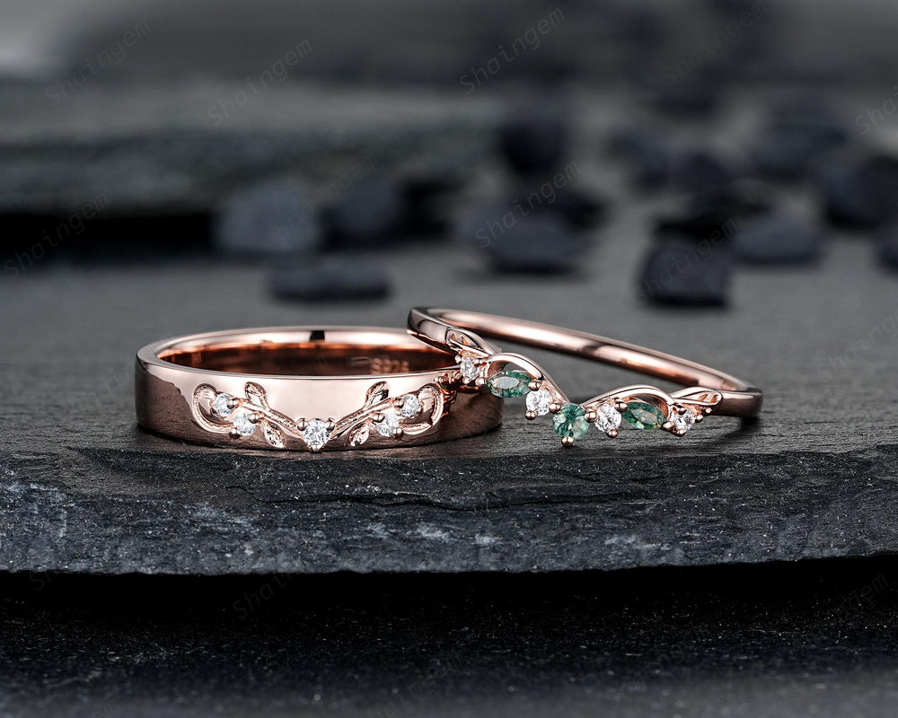 Nature Inspired Engraved Leaf His and Hers Couple Ring Set: Rose Gold Moss Agate Wedding Bands, Men & Women Matching Bands, Engagement Band - ShainJewelry