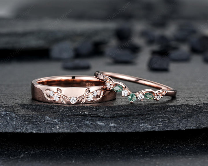 Nature Inspired Engraved Leaf His and Hers Couple Ring Set: Rose Gold Moss Agate Wedding Bands, Men & Women Matching Bands, Engagement Band - ShainJewelry