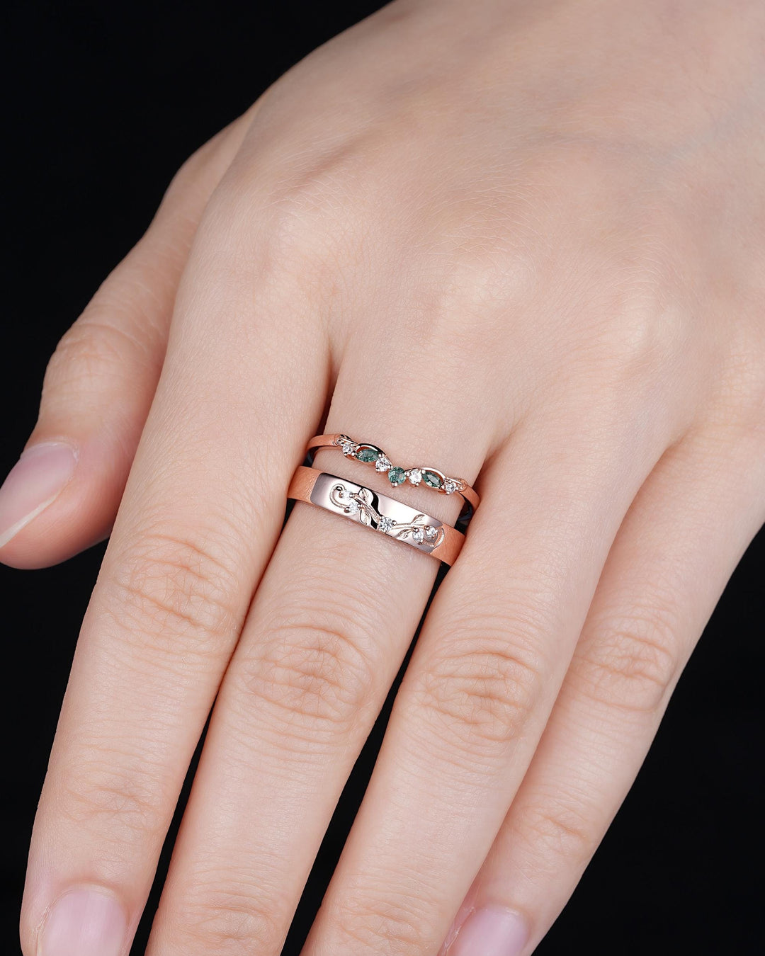 Nature Inspired Engraved Leaf His and Hers Couple Ring Set: Rose Gold Moss Agate Wedding Bands, Men & Women Matching Bands, Engagement Band - ShainJewelry