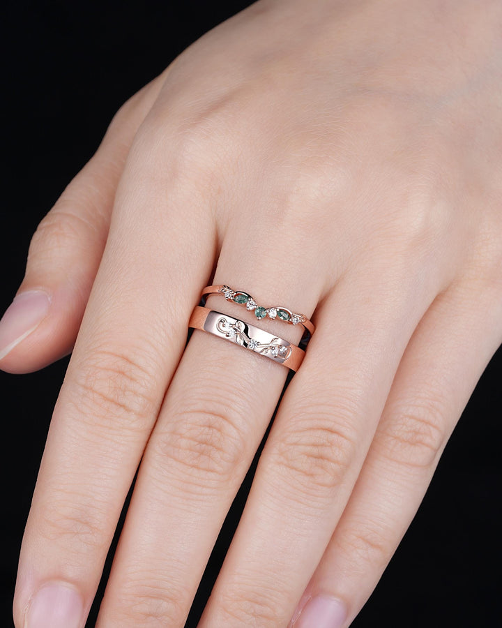 Nature Inspired Engraved Leaf His and Hers Couple Ring Set: Rose Gold Moss Agate Wedding Bands, Men & Women Matching Bands, Engagement Band - ShainJewelry