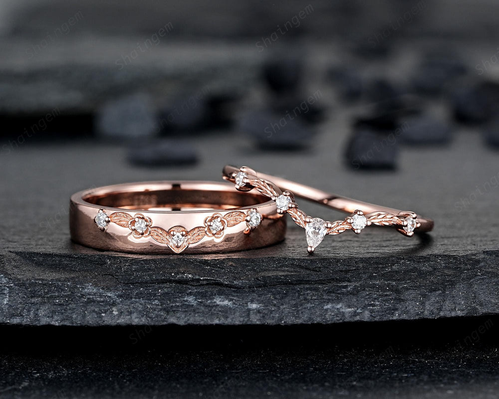 Engraved Leaf His and Hers Diamond Couple Ring Set: Rose Gold Moissanite Wedding Band, Engagement Promise Men's Women's Matching Band - ShainJewelry
