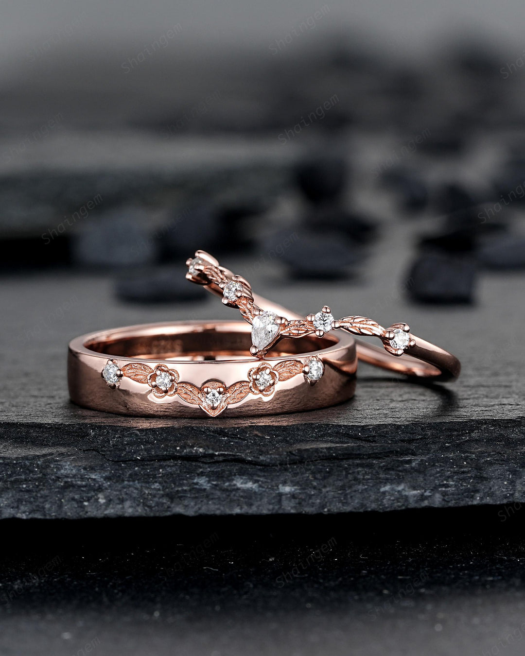Engraved Leaf His and Hers Diamond Couple Ring Set: Rose Gold Moissanite Wedding Band, Engagement Promise Men's Women's Matching Band - ShainJewelry